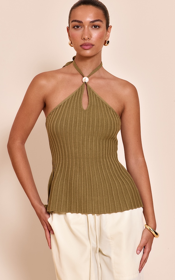 Olive Halterneck Bead Detail Knit Top