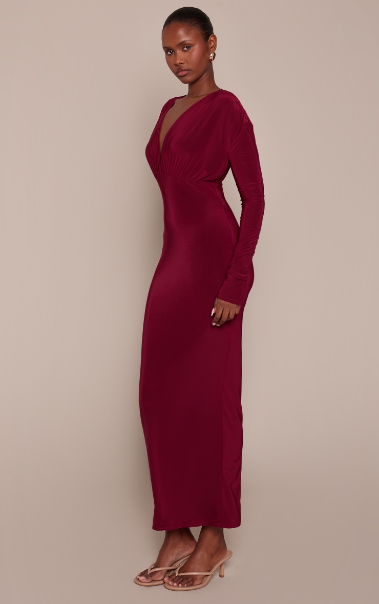 Burgundy Double Layer Slinky Plunge Long Sleeve Maxi Dress image 3