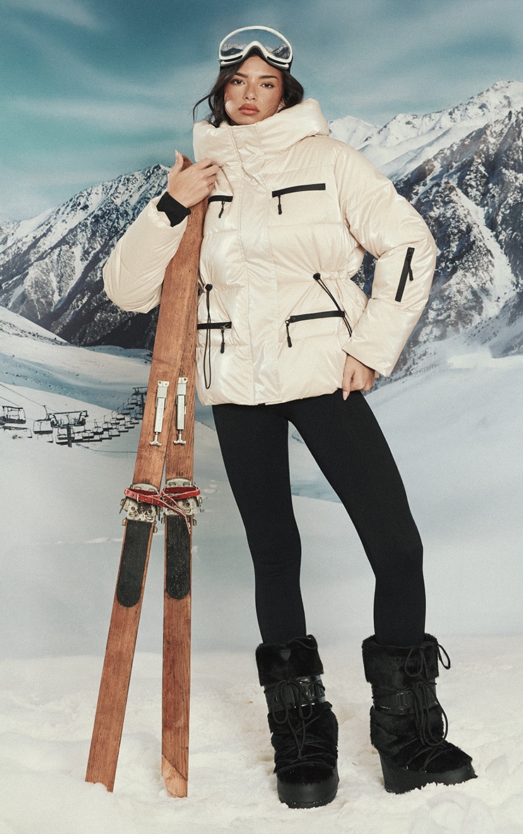 Pearl Metallic Cinch Pocket Detail Puffer Coat image 3