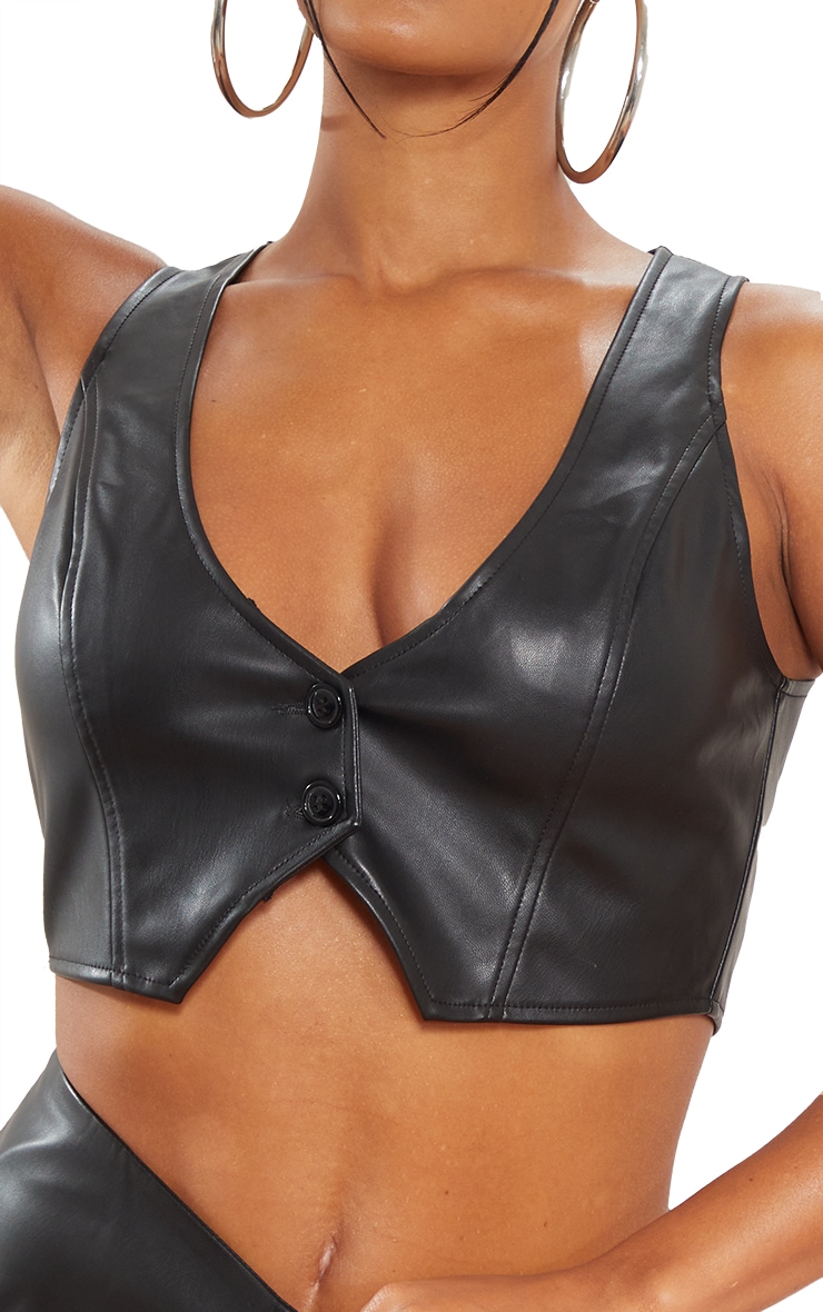 Black Faux Leather Panelled Button Up Vest image 4