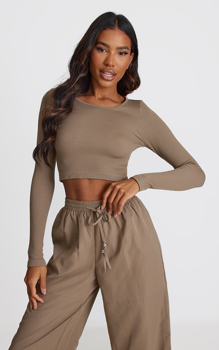 Coffee Structured Contour Ribbed Round Neck Long Sleeve Crop Top image 1