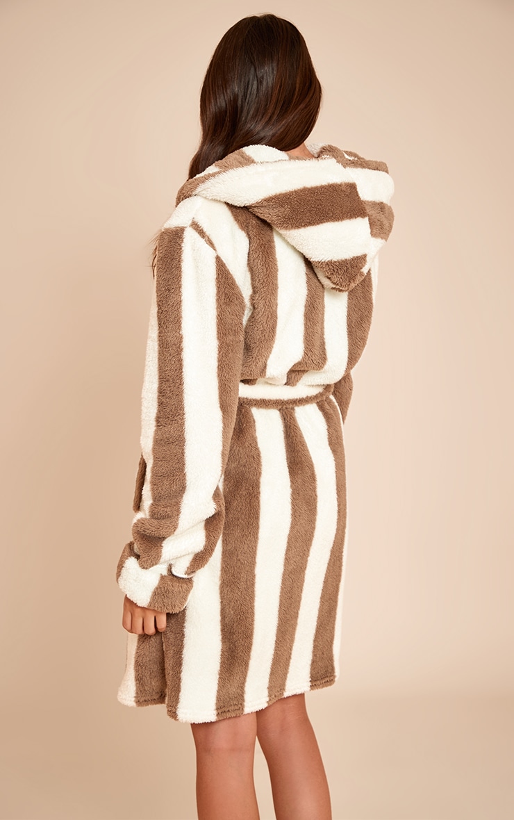 Taupe Stripe Fleece Hooded Short Dressing Gown image 2