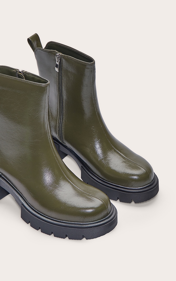 Olive Crinkle Chunky Cleated Sole Dipped Ankle Boot image 5