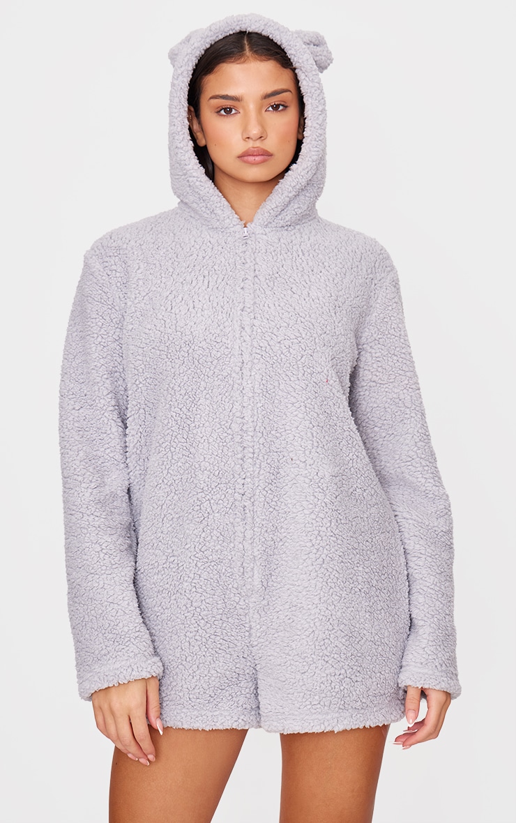 Grey Hooded Fleece Romper