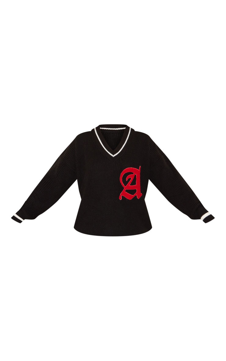 Black Varsity Oversized V Neck Knit Jumper image 5