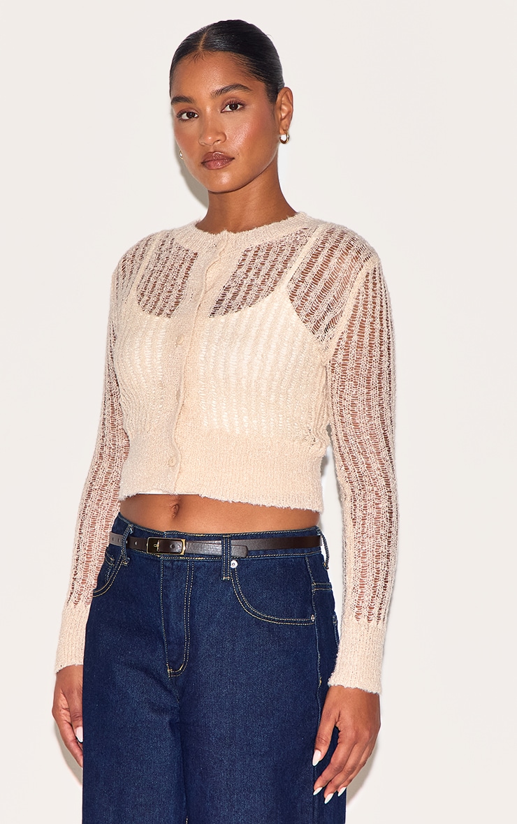 Cardigan en maille tricot ajourée avoine transparente à boutons image 4
