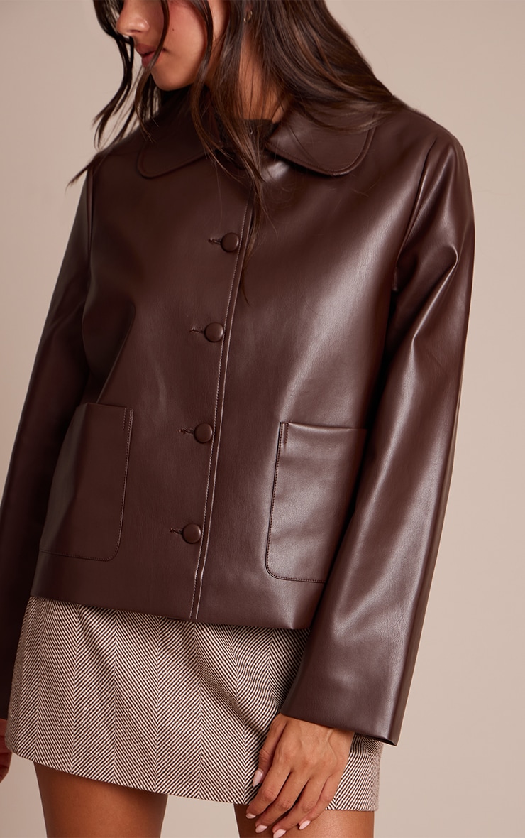 Chocolate PU Button Up Jacket image 4