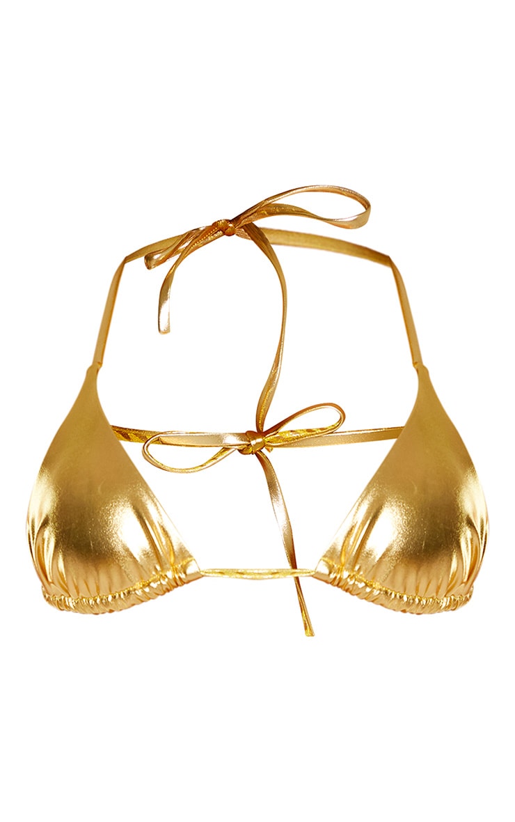 Gold Metallic Tie Front Bikini Top Swimwear PrettyLittleThing