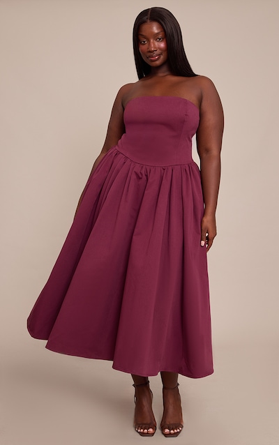 Plus Plum Woven Bandeau Ruched Skater Midaxi Dress