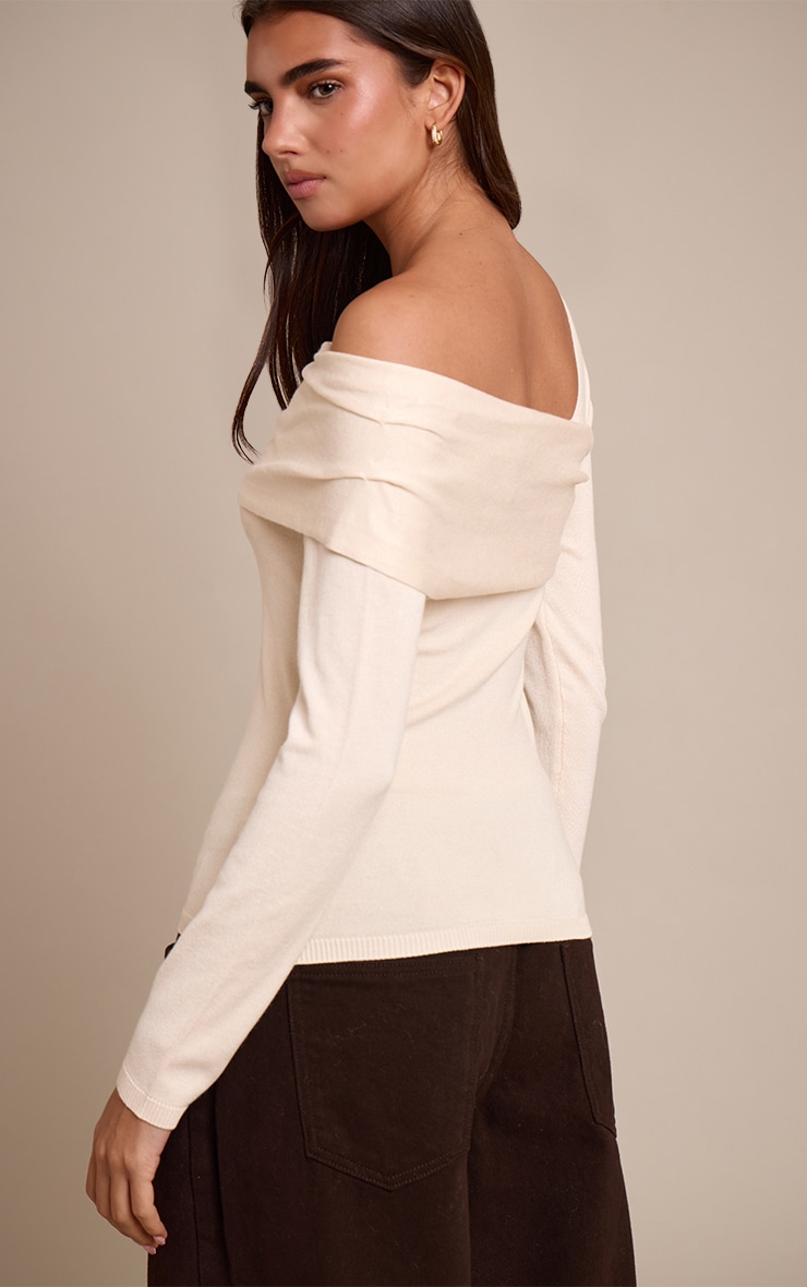 Cream Long Sleeve Asymmetric Shoulder Knitted Top image 2