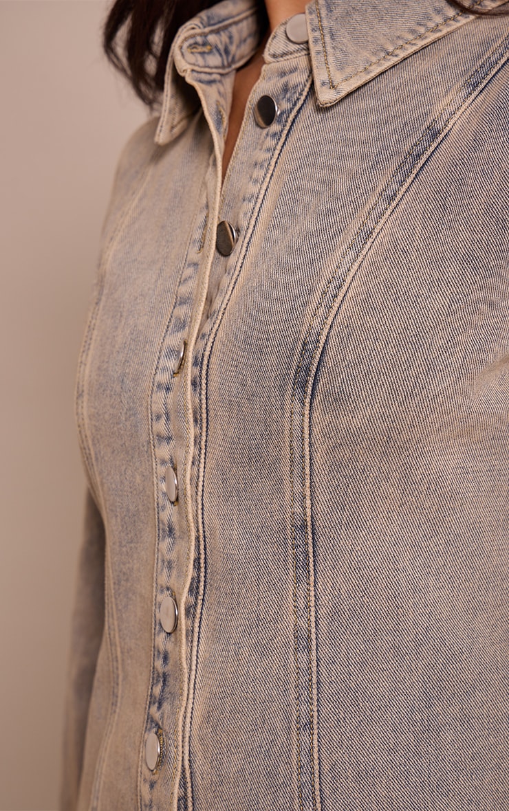 Petite Blue Vintage Wash Long Sleeve Fitted Denim Shirt image 4