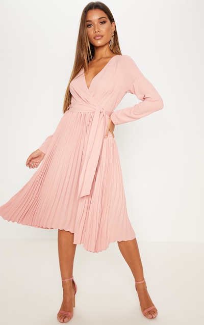 Wedding Guest Dresses For Weddings Prettylittlething Usa Rose Long Sleeve Pleated Midi Dress