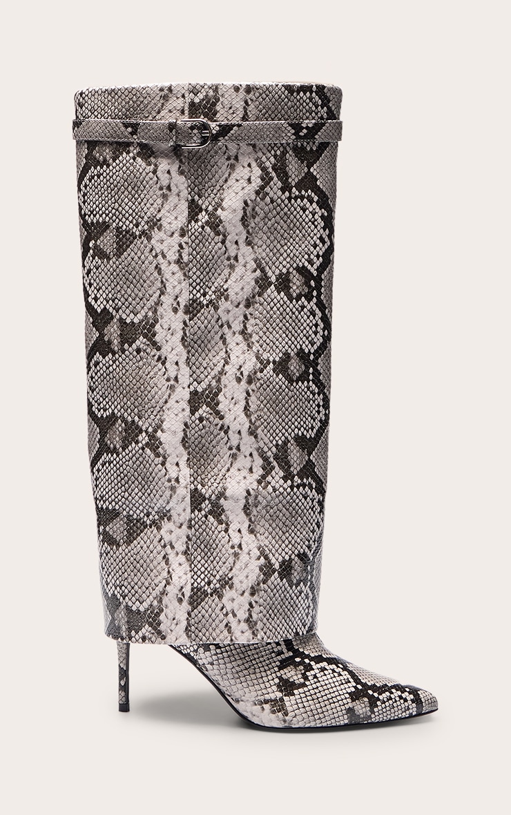 Grey Snake Fold Over Heeled Knee High Boot image 2