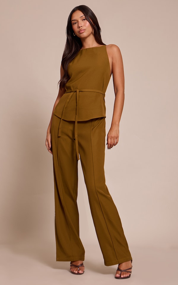 Khaki Woven Belt Tied Straight Leg Jumpsuit