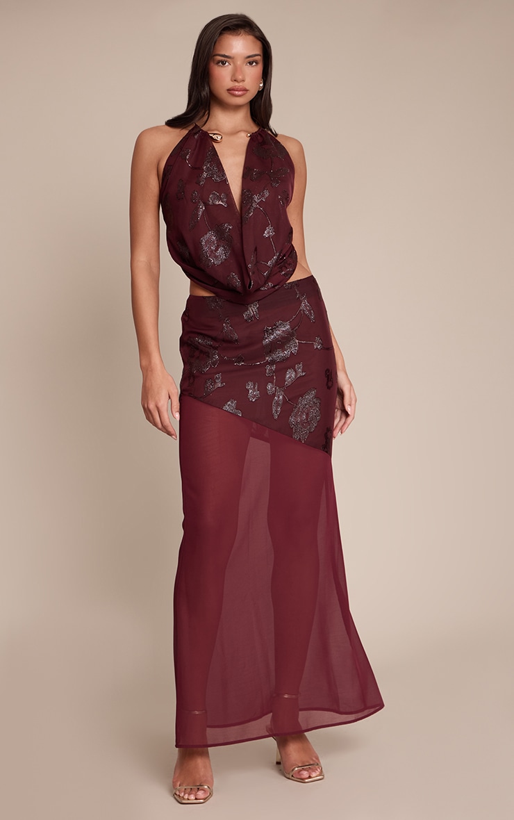 Wine Floral Glitter Chiffon Low Rise Maxi Skirt image 1