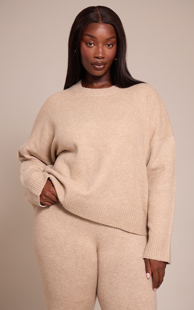 Plus Taupe Marl Knitted Cropped Crew Neck Sweater