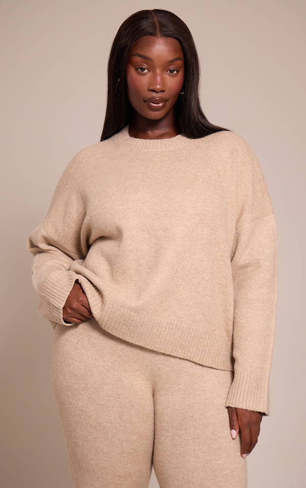 Plus Taupe Marl Knitted Cropped Crew Neck Sweater