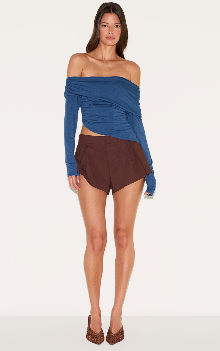 Petrol Blue Contour Jersey Fold Over Detail Bardot Long Sleeve Top image 3