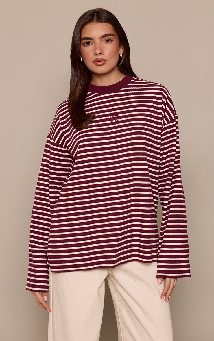 Dark Red Striped Jersey Logo Detail Oversized T-Shirt