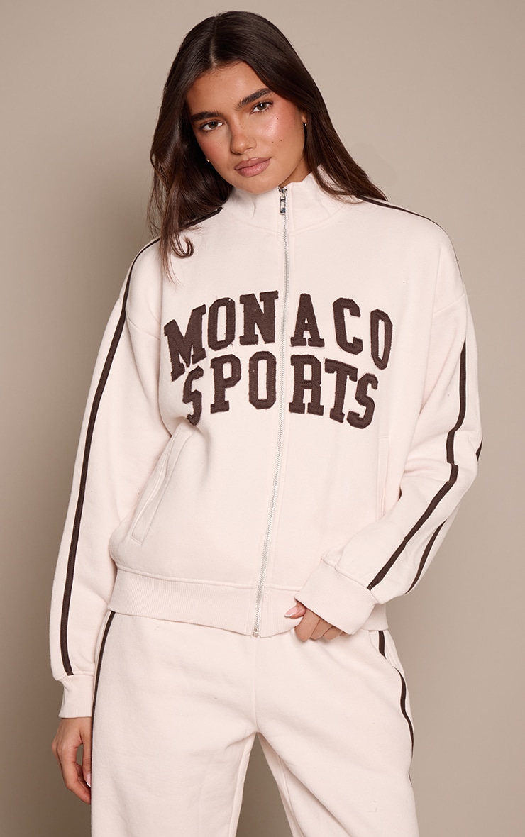 Cream Contrast Monaco Applique Zip Through Sweatshirt image 1