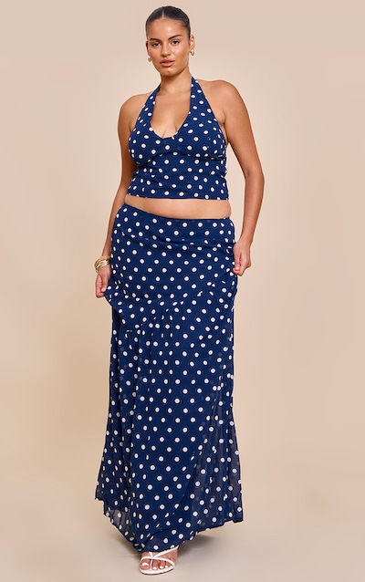Plus Navy Polka Dot Asymmetric Maxi Skirt