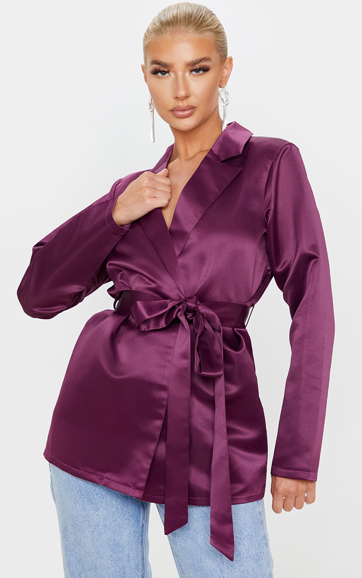 Plum Satin Wrap Belt Blazer