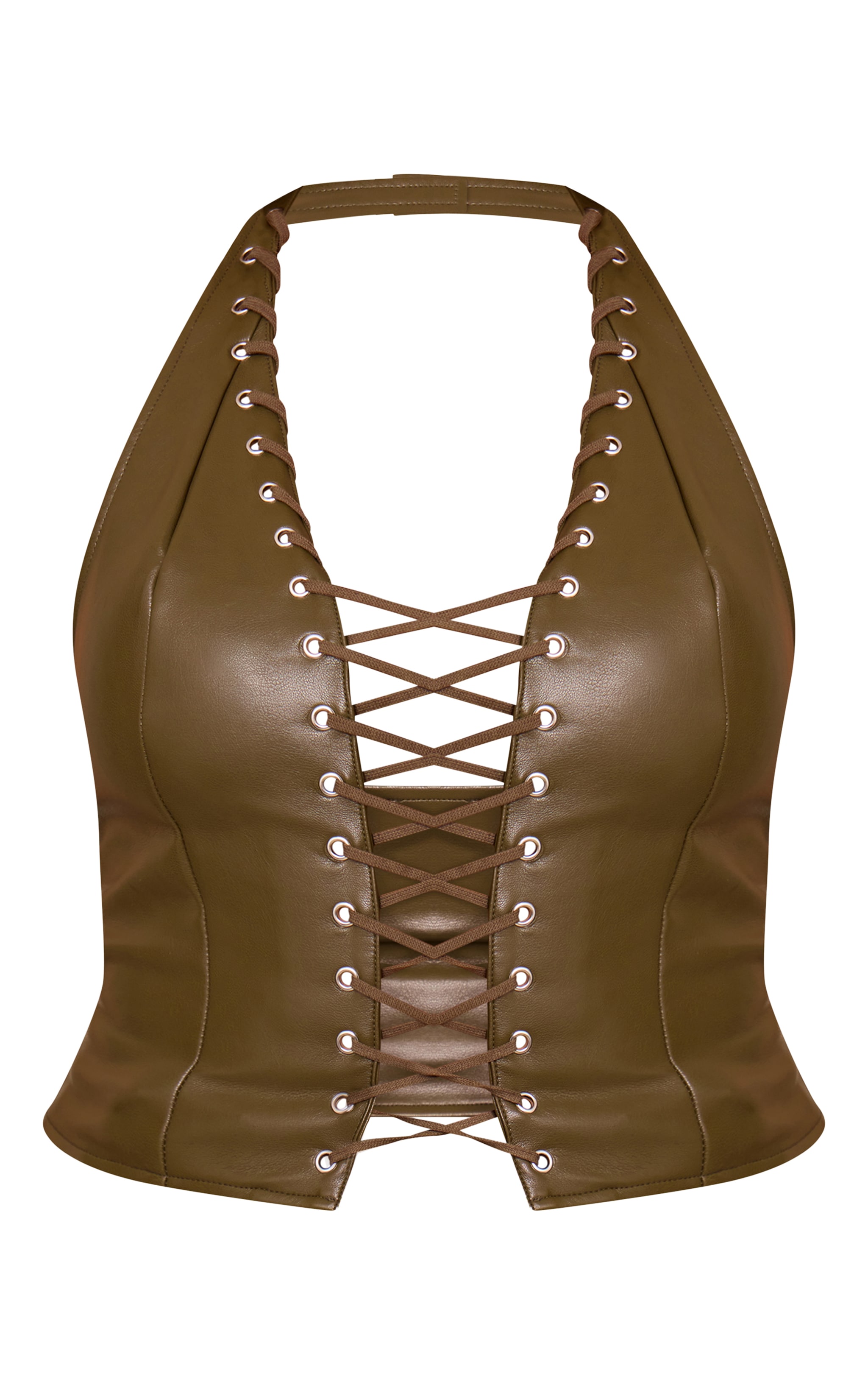 Shape Olive Faux Leather Halter Neck Lace Up Corset image 5