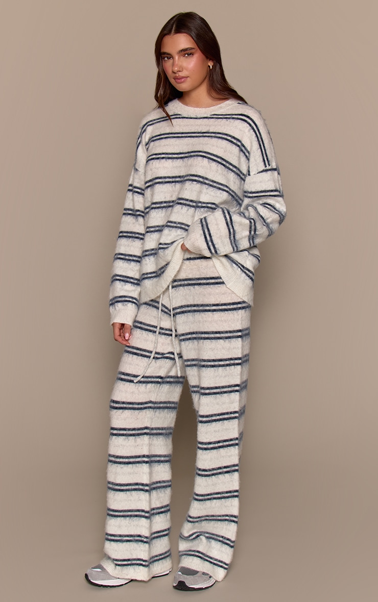 Light Blue Brushed Knit Striped Wide Leg Trousers