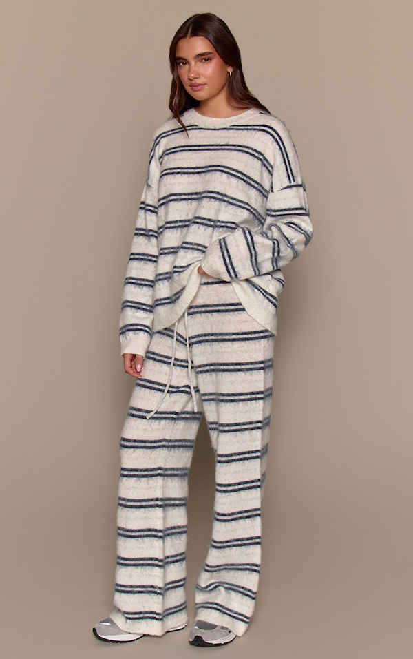 Light Blue Brushed Aurora Striped Wide Leg Trousers 