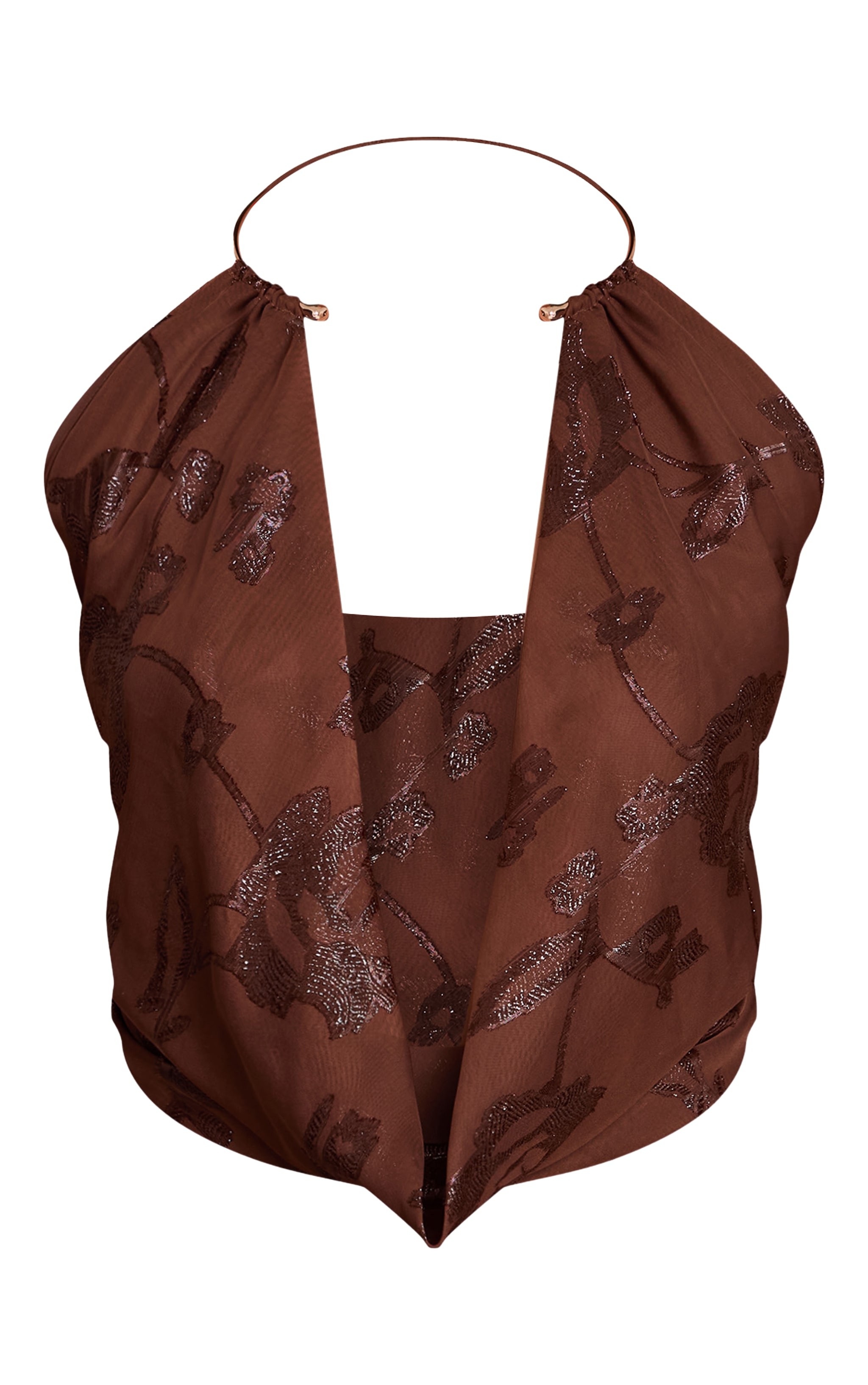 Chocolate Floral Glitter Chiffon Gold Halter Neck Trim Top  image 5