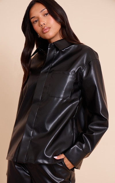 Black Faux Leather Pocket Detail Shirt