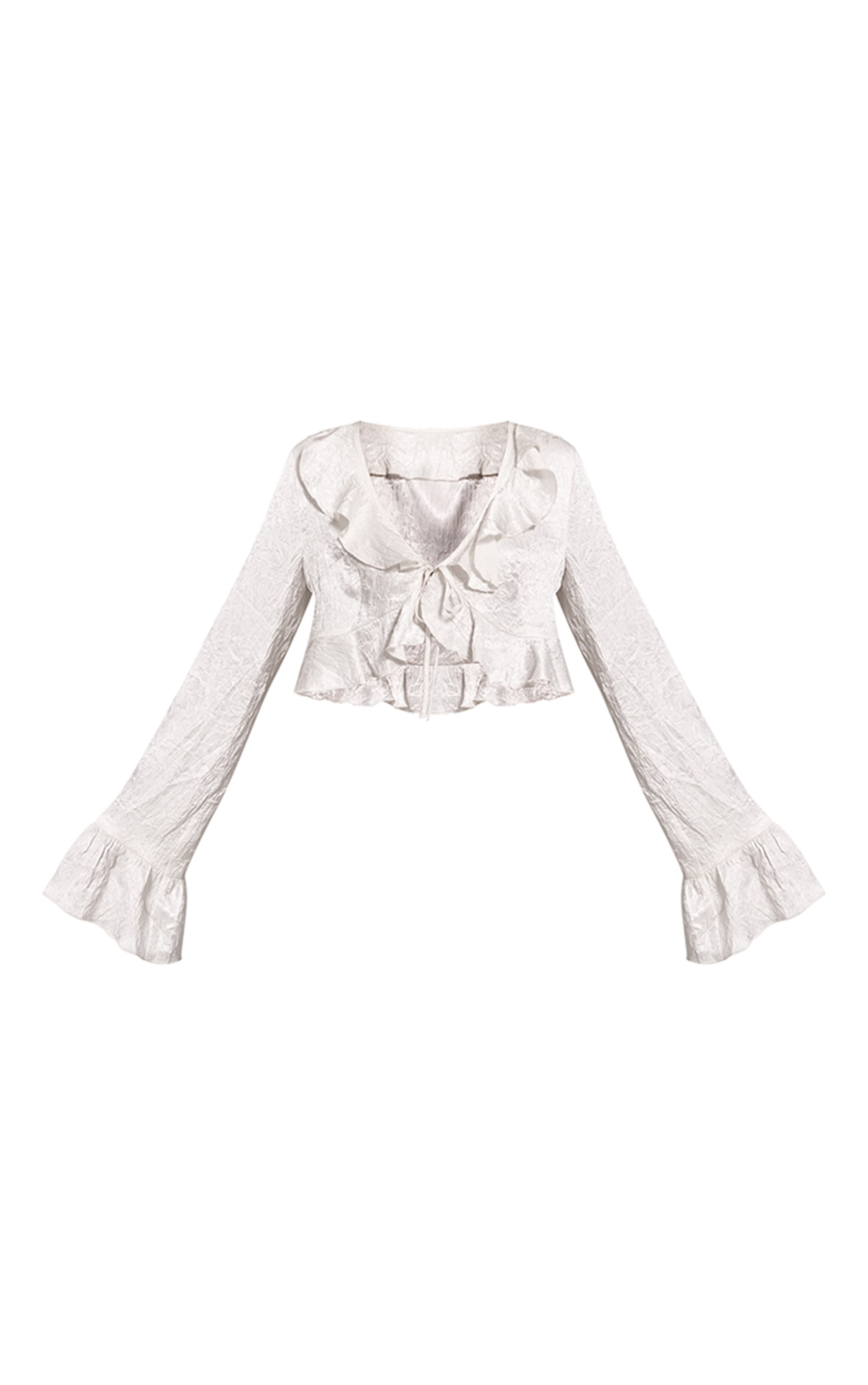 Cream Textured Satin Frill Detail  Tie Front Cropped Top image 5