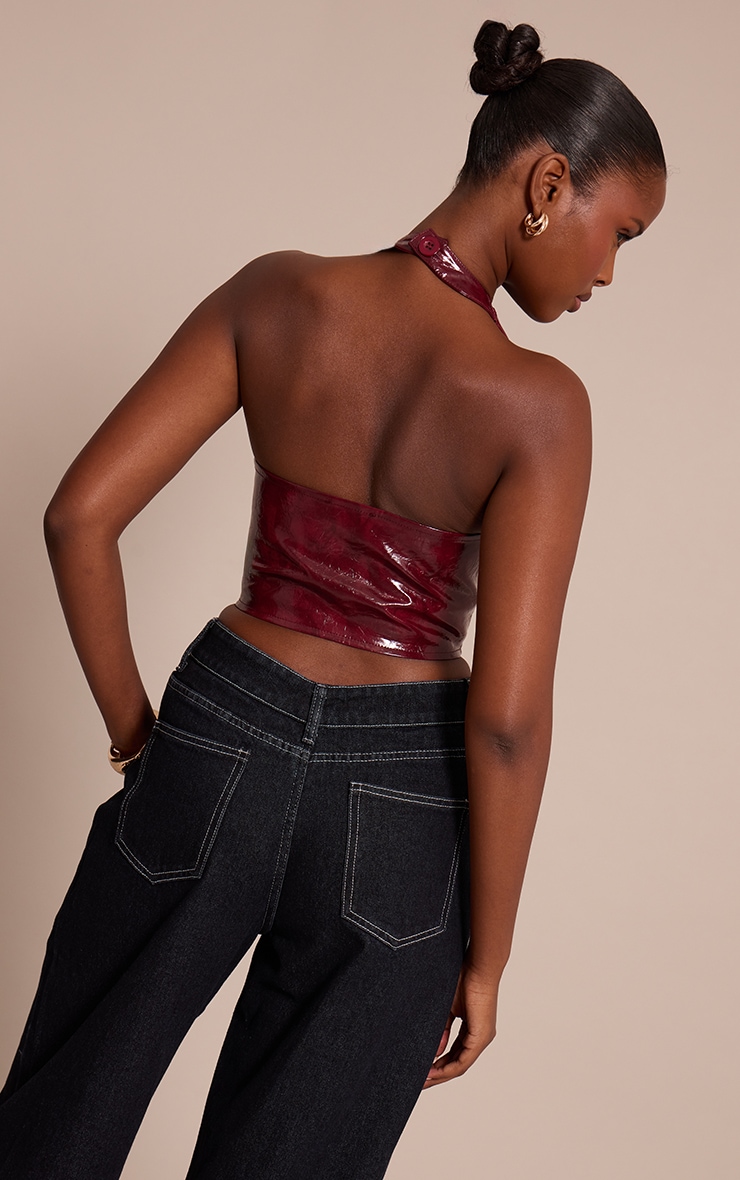 Wine Faux Leather Lace Up Plunge Halterneck Top image 2