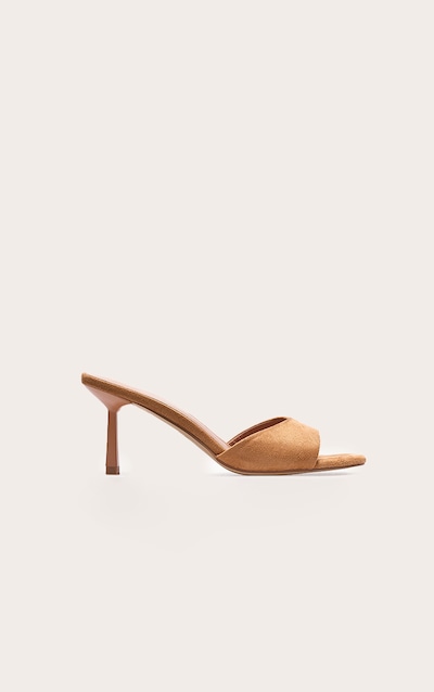 Wide Fit Camel Faux Suede Round Toe Mid Stiletto Heeled Mules
