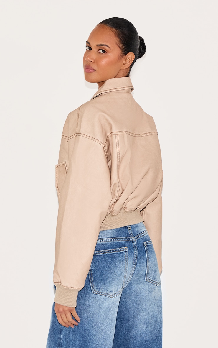 Cream Bleach Detail Faux Leather Cropped Bomber image 2