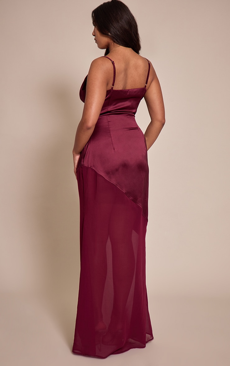 Shape Burgundy Cowl Neck Satin Dropped Hem Chiffon Maxi Dress image 2