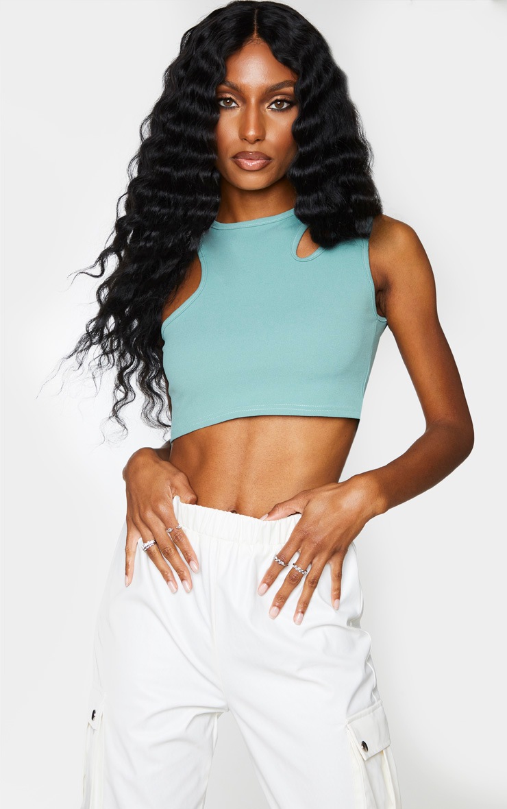 Sage Crepe Double Strap Racer Neck Crop Top