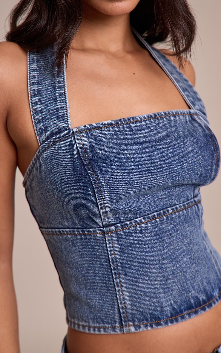 Petite Mid Blue Denim Halterneck Top image 4