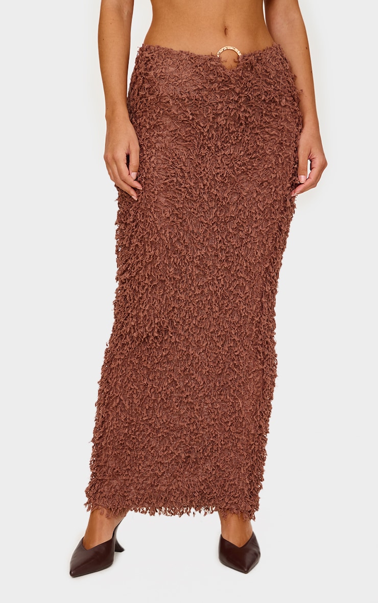 Chocolate Brown Fluffy Textured Trim Detail Low Rise Maxi Skirt image 2