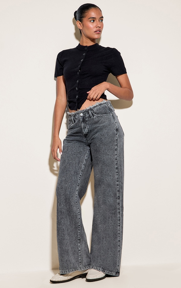 Grey Frayed Waistband Low Waist Straight Leg Jean
