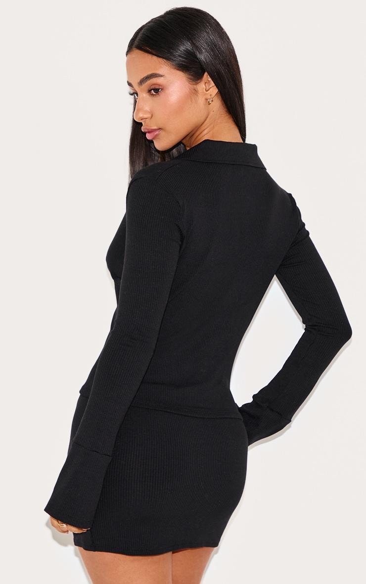 Petite Black Ribbed Long Sleeve Button Up Shirt image 2