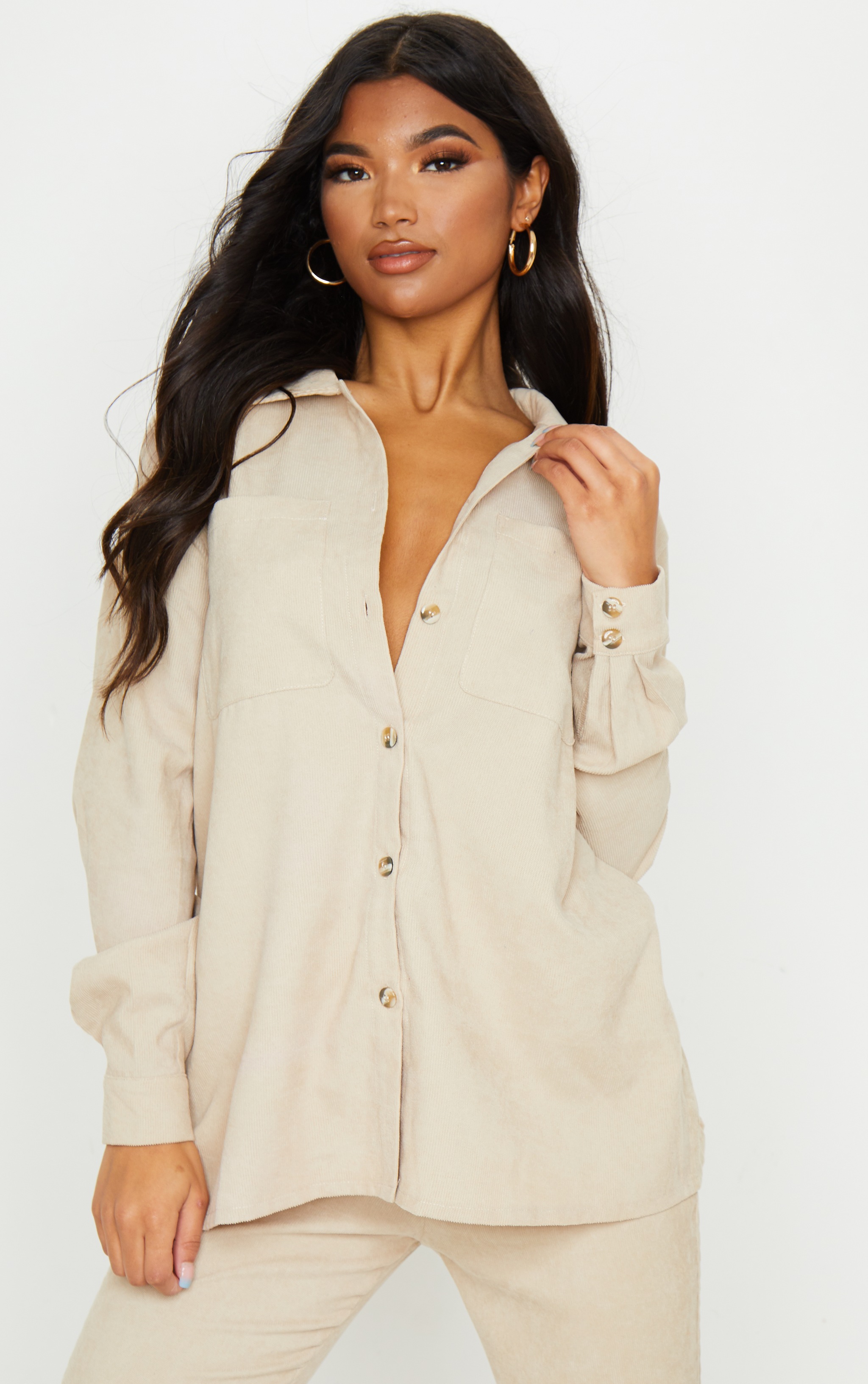 Chemise oversize camel boutonnée en velours côtelé