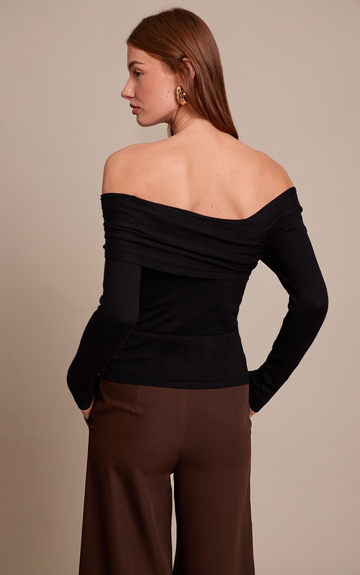 Black Long Sleeve Asymmetric Shoulder Knitted Top image 2