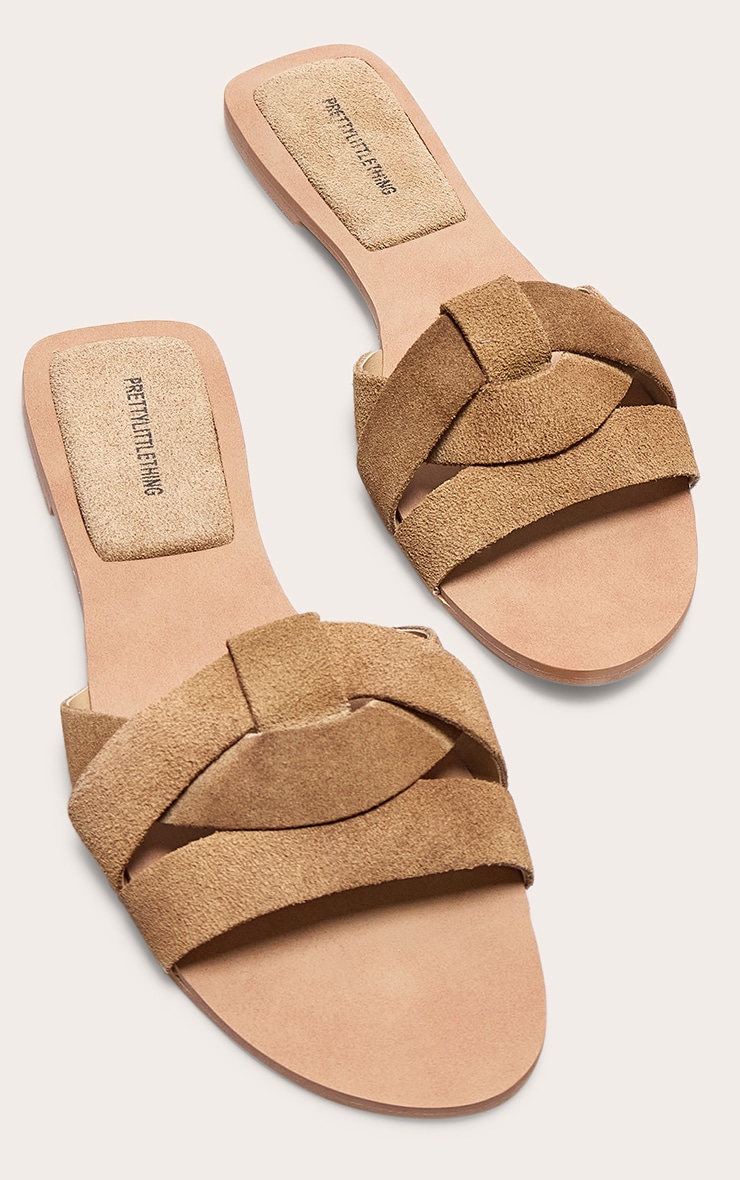 Beige Faux Suede Round Toe Flat Mule Sandals image 4