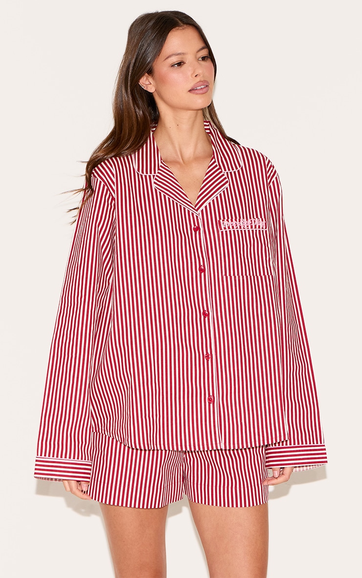 PRETTYLITTLETHING Embroidered Red Stripe Woven Short Pj Set image 1