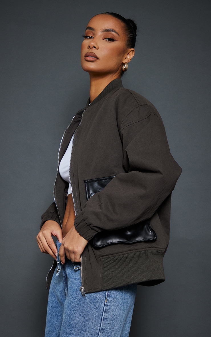 Khaki Contrast Faux Leather Pocket Oversized Bomber Jacket image 4