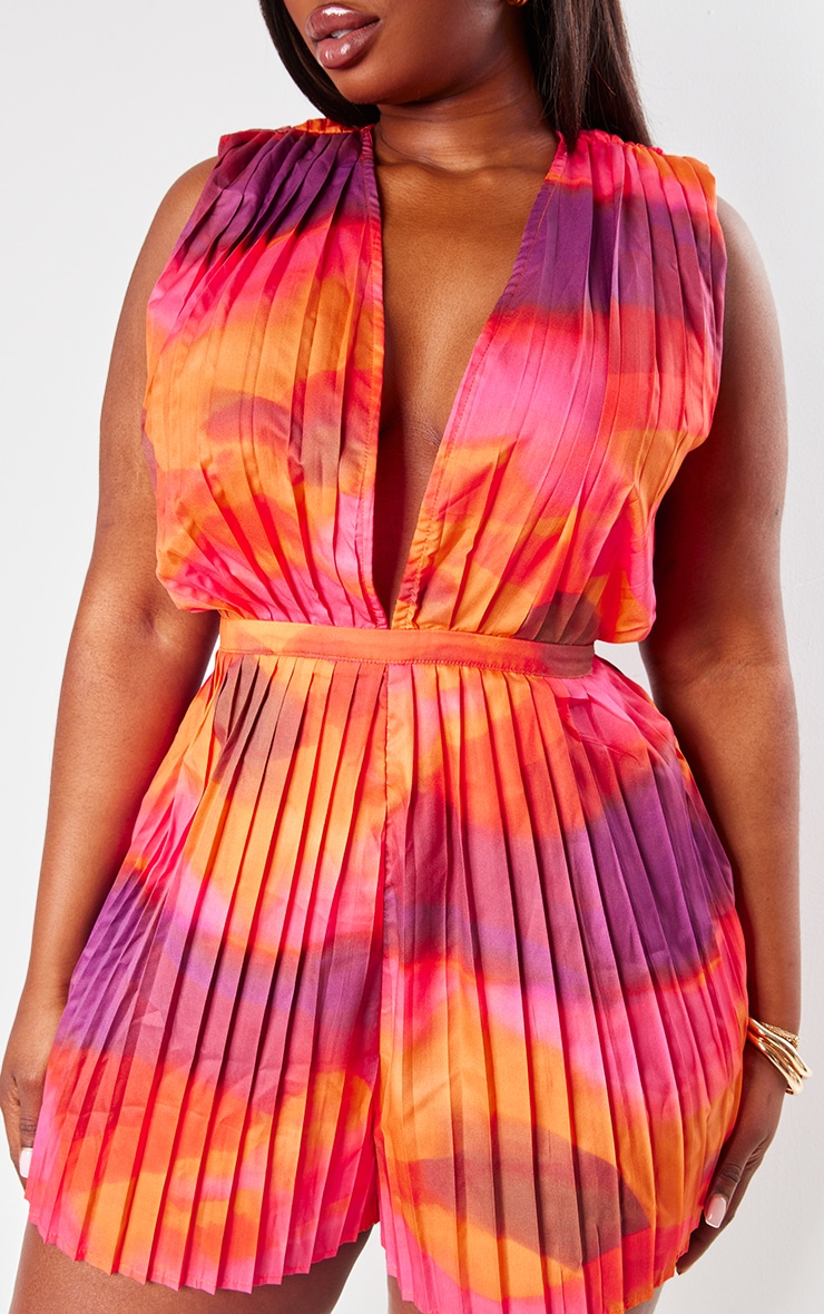 Plus Pink Wave Print Pleated Shoulder Pad Plunge Playsuit image 4