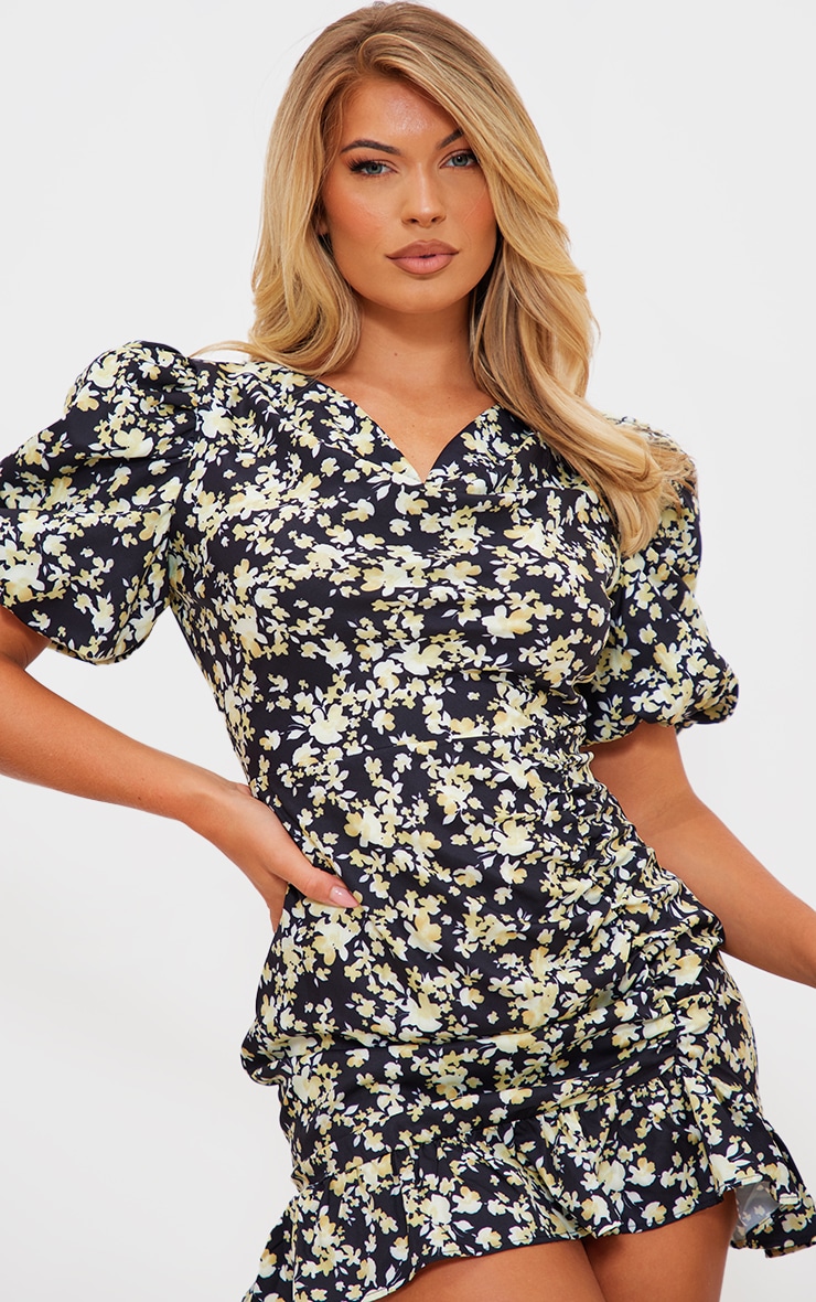 Black Floral Print Puff Sleeve Ruched Frill Hem Bodycon Dress image 4