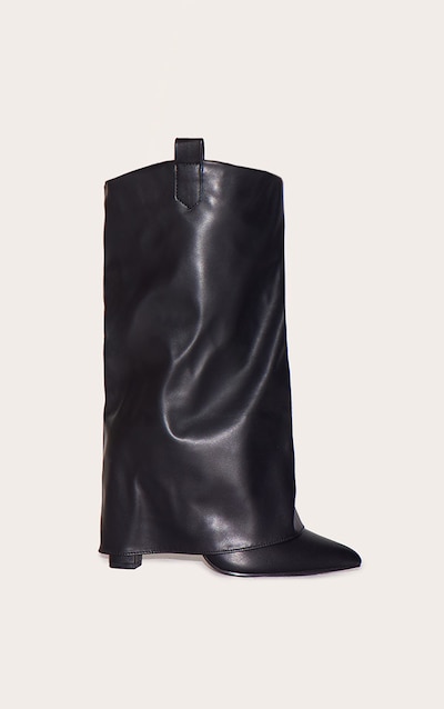 Black Wide Fit Pu Point Toe Fold Over High Heeled Calf High Boots