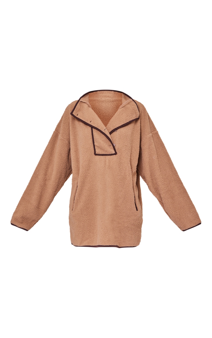 Camel Borg Binding Collar Detail Oversized Jumper Dress image 5